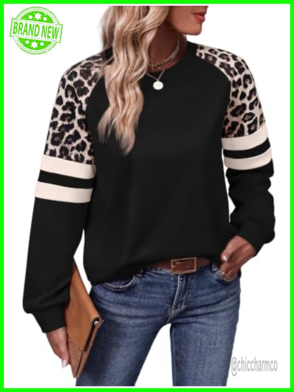 Womens Crewneck Sweatshirt Leopard Print Sleeve Loose Fit Tunic Pullover Top
